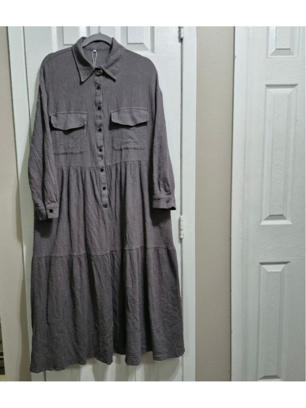 Women's MODESEES Gray Long Sleeve Tiered Midi Dress M
